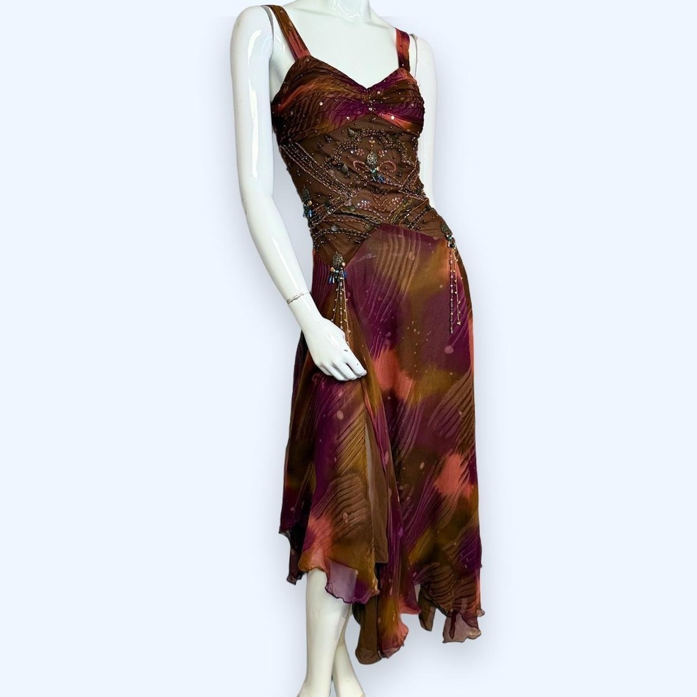 Vintage Y2K Beaded Silk Fairy Maxi Dress Brown Plum Whimsigoth S M